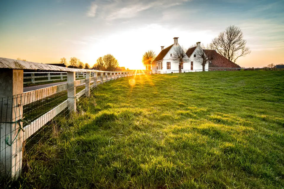 A white wooden fence along a green pasture at sunrise